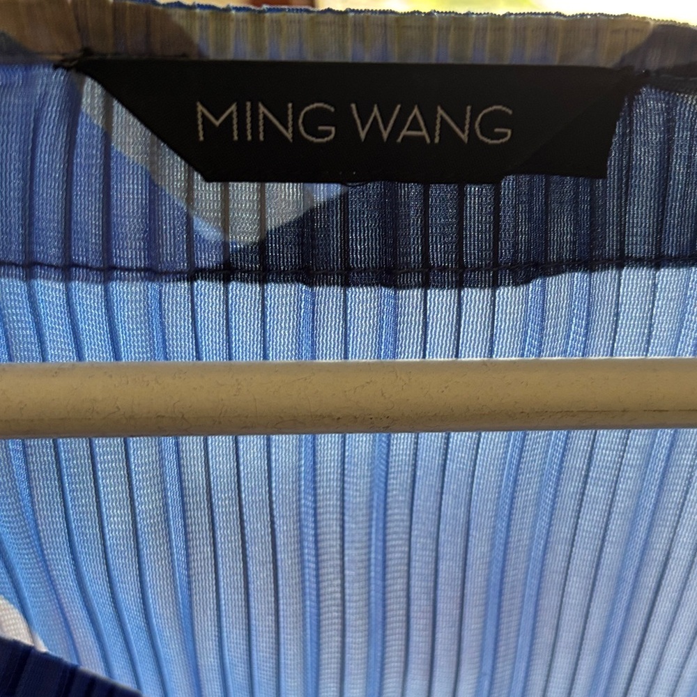 Ming Wang Pleated Crinkle Abstract Print Open Face Blouse- Blue & Black - Picture 2 of 5